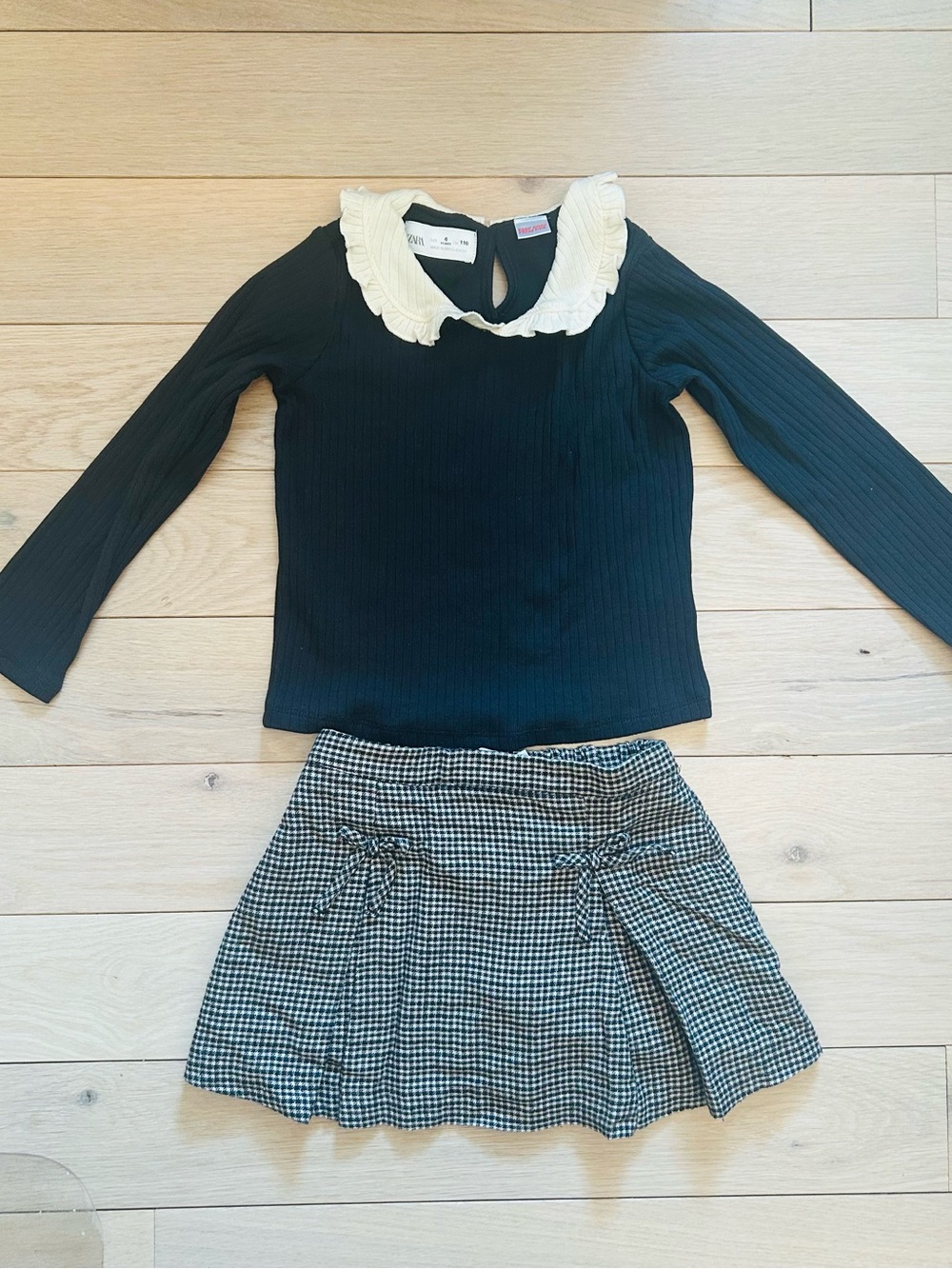 Zara Black Ribbed Top with Cream Ruffled Collar and skirt